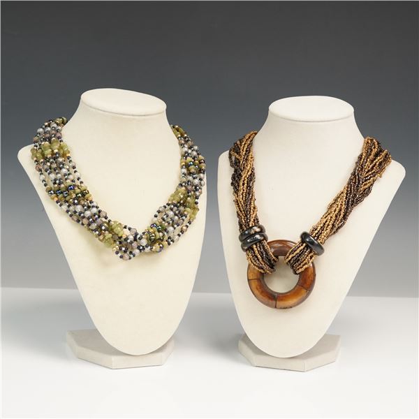 2pc Beaded Necklaces with Wood and Enamel Accents