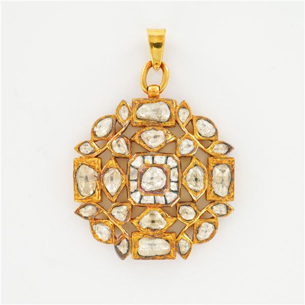Antique Indian Gold Pendant with Rose-Cut Diamonds and Lac Inlay