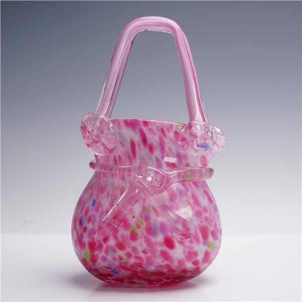 Hand-Blown Art Glass Vase in Pink Confetti with Applied Handle