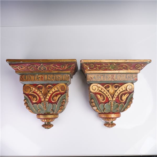 2pc 19th Century Italian Hand-Carved Wooden Wall Corbels