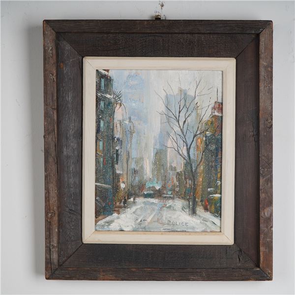Leon Louis Dolice, Oil on Panel, New York City in Winter, Signed