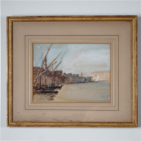 Continental School Harbor Scene Watercolor and Ink on Paper, Signed