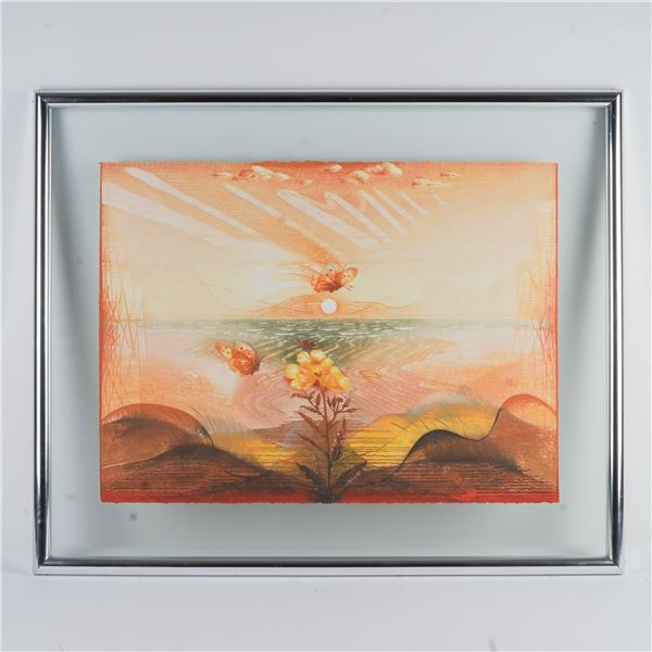 Suzanne Pirotte, Color Etching of Butterfly and Blooming Flower, Signed
