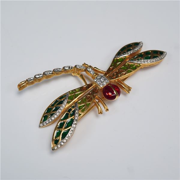 Landau Gold Tone Dragonfly Brooch with Enamel and Rhinestones