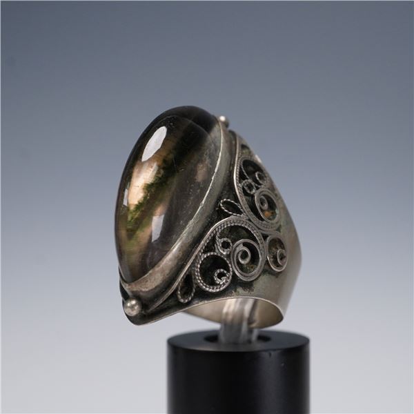 Large Russian Silver Ring with Elongated Obsidian or Smoky Quartz Cabochon