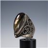 Image 1 : Large Russian Silver Ring with Elongated Obsidian or Smoky Quartz Cabochon