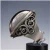 Image 2 : Large Russian Silver Ring with Elongated Obsidian or Smoky Quartz Cabochon