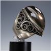 Image 3 : Large Russian Silver Ring with Elongated Obsidian or Smoky Quartz Cabochon