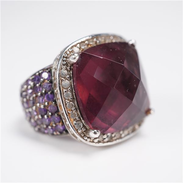 Sterling Silver Ring with Large Purple Stone and Amethyst Accents