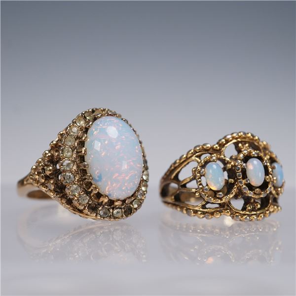 Pair of Vintage Gold-Plated Rings with Opal Simulants and Rhinestones