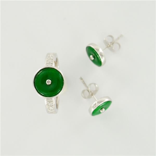 2pc 14K White Gold Jadeite/Diamond Ring and Earrings Set