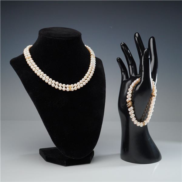 2pc Pearl Necklace and Bracelet Set With 14K Yellow Gold and Diamonds