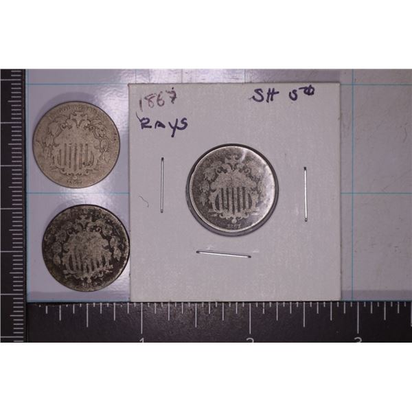 2-1867 WITH & WITHOUT RAYS & 1-1869 SHEILD NICKELS