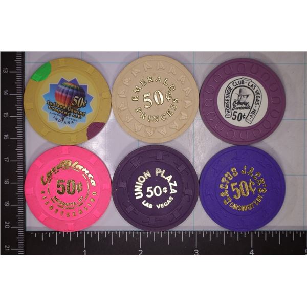 6-50 CENT PLASTIC CASINO CHIPS: EMERALD PRINCESS