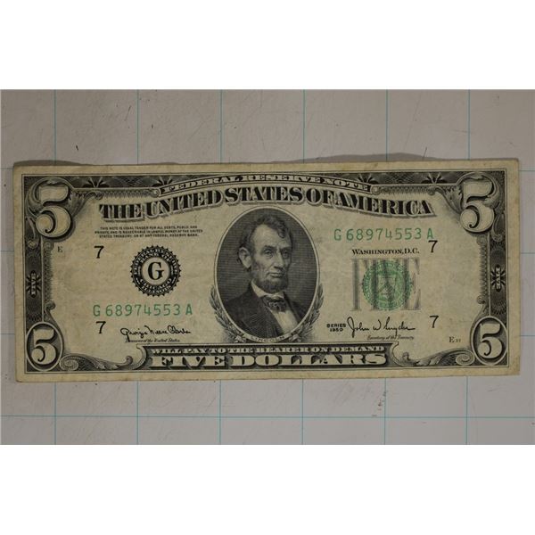 1950 US $5 GREEN SEAL, FRN. SMALL STAIN ON REVERSE
