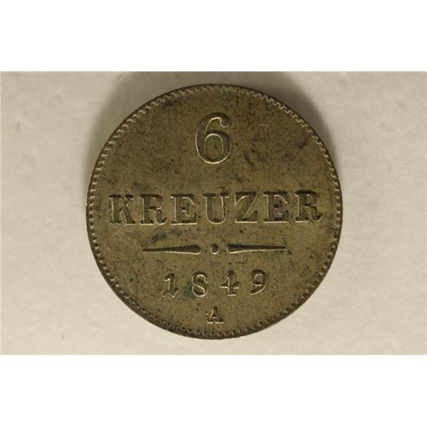 1849-A AUSTRIA SILVER 6 KRUEZER COIN .0168 OZ. ASW