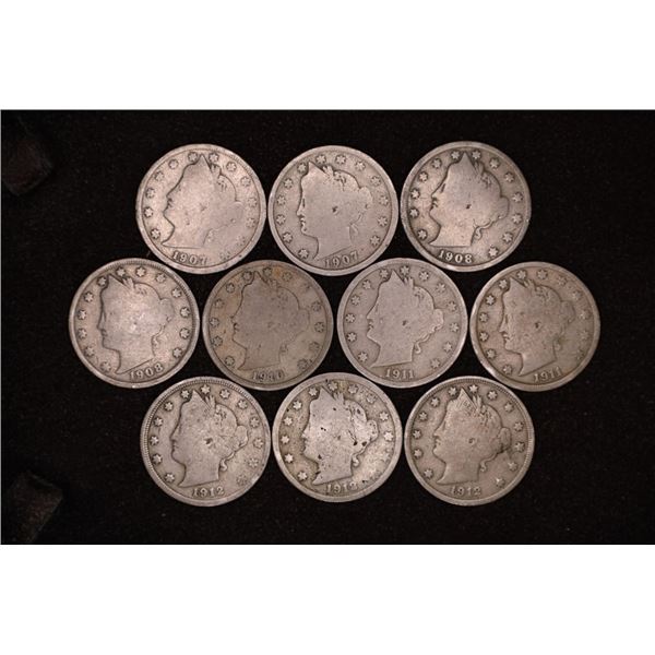 10 LIBERTY "V" NICKELS: 1907-1912