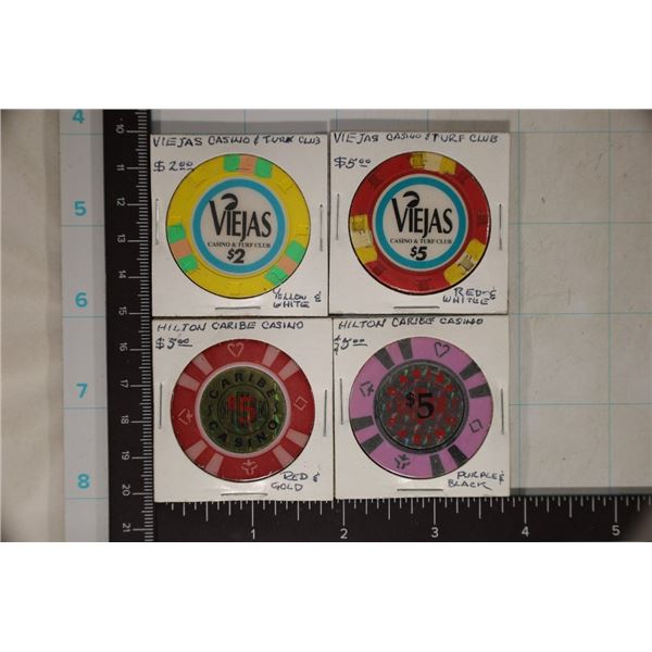 2 VIEJAS & 2-HILTON CARIBE PLASTIC CASINO CHIPS: