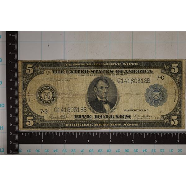 1914 US $5 LARGE SIZE FRN HORSE BLANKET BLUE SEAL