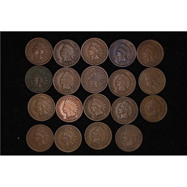 19 INDIAN HEAD CENTS: 1900-1908 (GOOD-EXTRA FINES)