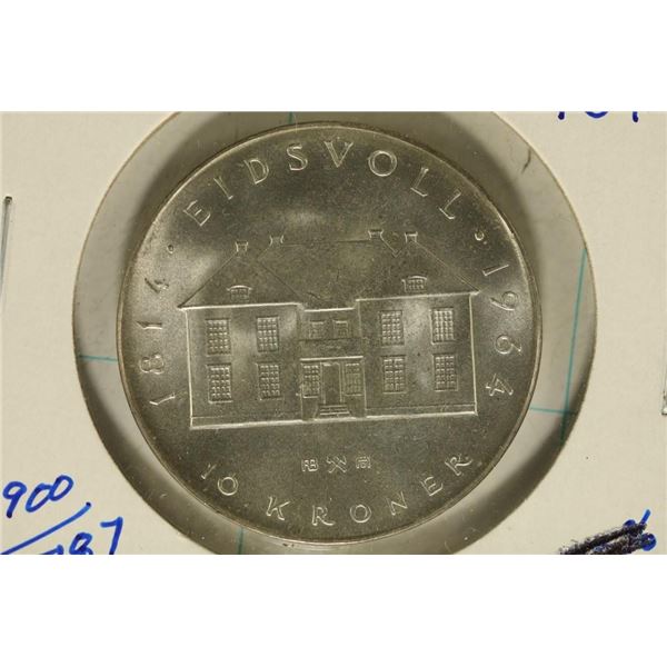 1964 NORWAY SILVER 10 KRONER BU COIN .5787 OZ. ASW