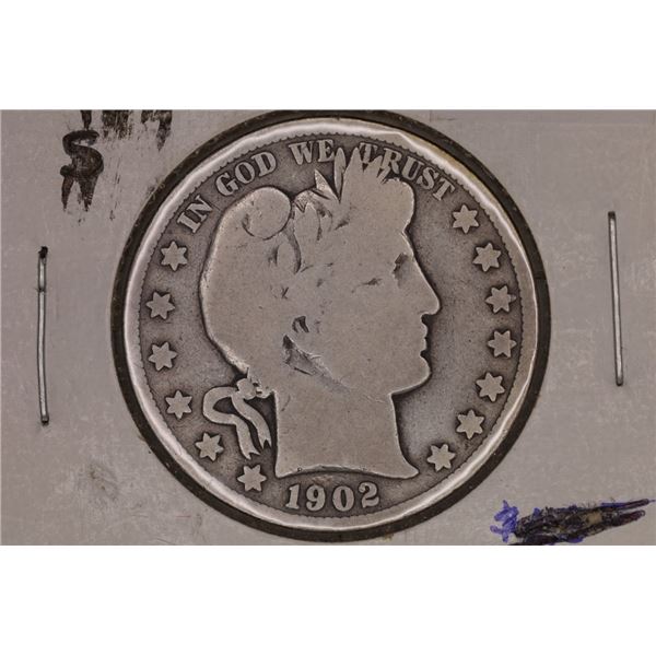 1902-S SILVER BARBER HALF DOLLAR VERY GOOD