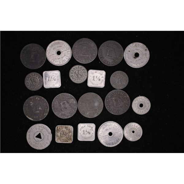 20 ASSSORTED VINTAGE METAL STATE TAX TOKENS: