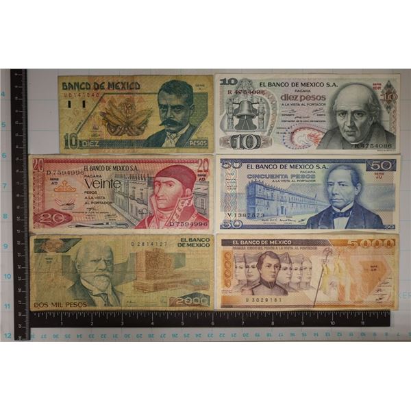 6 MEXICO BILLS: 1975-TEN PESO, 1996-TEN PESO, 1973