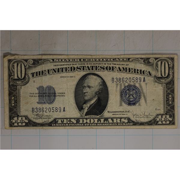 1934-C US $10 SILVER CERT. BLUE SEAL.