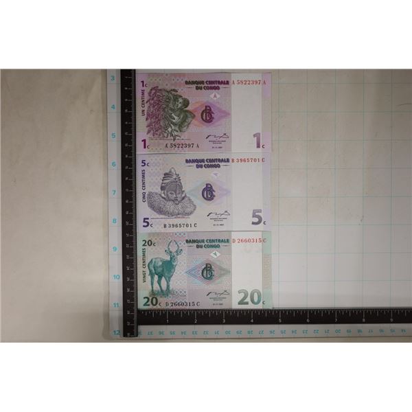 3-1997 CONGO CRISP UNC BILLS: 1, 5 & 20 CENTIMES
