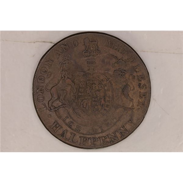 1700'S CONDER TOKEN LONDON & MIDDLESEX HALF PENNY