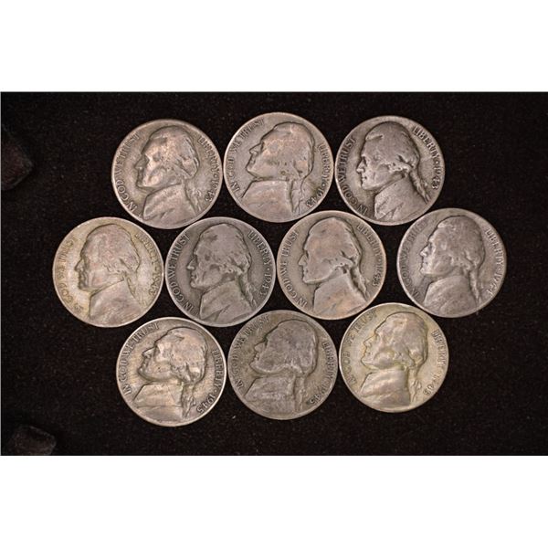10 JEFFERSON 35% SILVER WAR NICKELS: 1943-1945