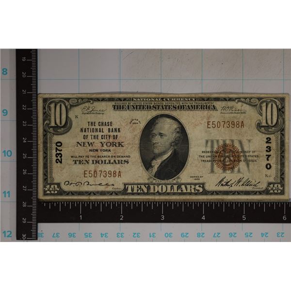 1929 US $10 NATIONAL CURRENCY BROWN SEAL CHASE