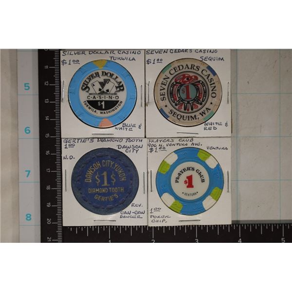3-CLAY & 1-PLASTIC CASINO $1 CASINO CHIPS: SILVER