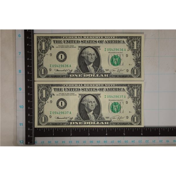 2-1974 US $1 FRN CRISP UNC BILLS WITH CONSECUTIVE