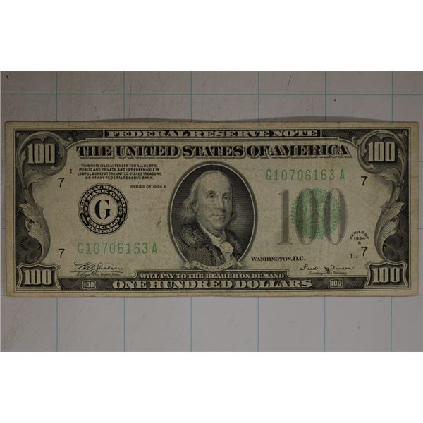 1934-B US $100 FRN, GREEN SEAL, CRISP