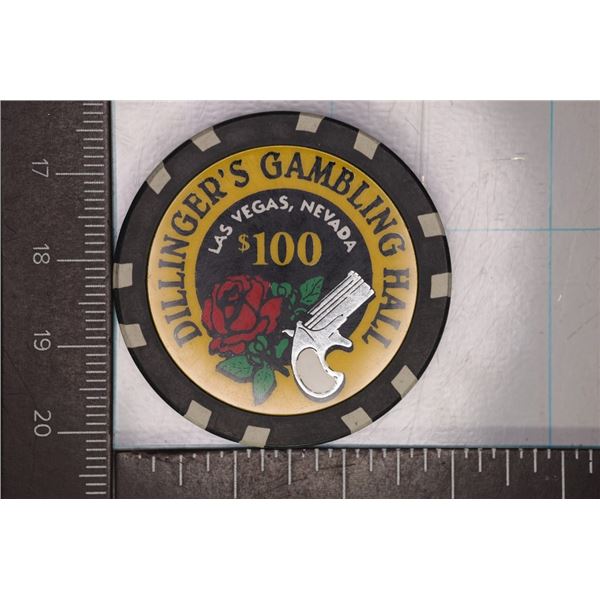 $100 DILLANGER'S GAMBLING HALL CASINO CHIP.