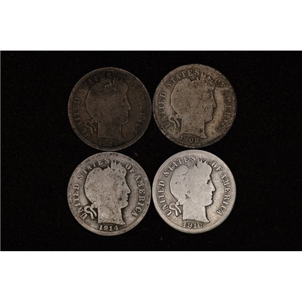 1904, 1908, 1914-D & 1916-S SILVER BARBER DIMES