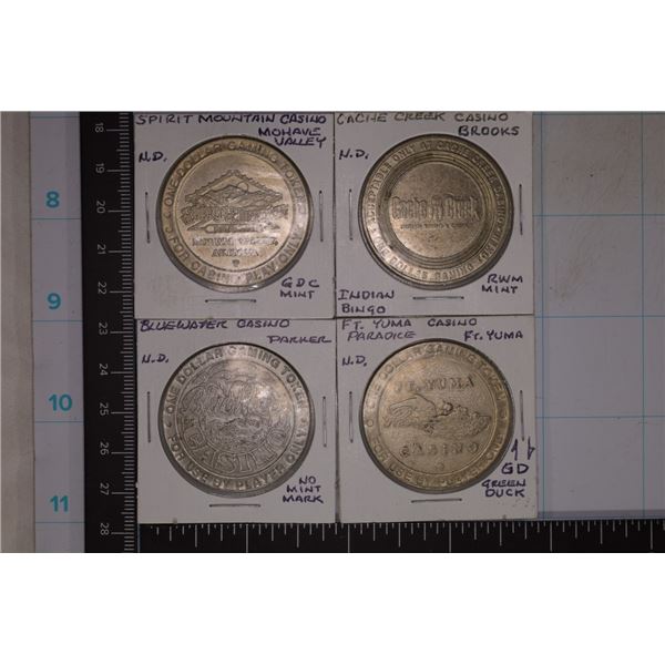 4 METAL $1 CASINO TOKENS: SPIRIT MOUNTAIN, CACHE