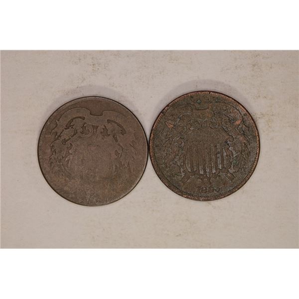 1865 &  NO DATE US 2 CENT PEICES