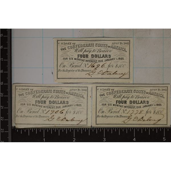 3-CRISP UNC$4- 1861 CONFEDERATE BOND COUPONS: