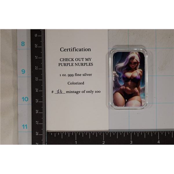 1 TROY OZ .999 FINE SILVER ART BAR #16 OF 100 GIRL