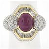 Image 2 : 18K Yellow Gold & Platinum GIA Oval Cabochon Ruby w/ Diamond Halo Cocktail Ring
