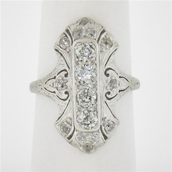 Antique Edwardian Platinum 1 ctw Old Diamond Milgrain Detailed Long Dinner Ring