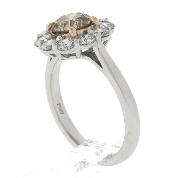 New Platinum & 14k Gold GIA Fancy Brown Diamond Flower Halo Cluster Ring