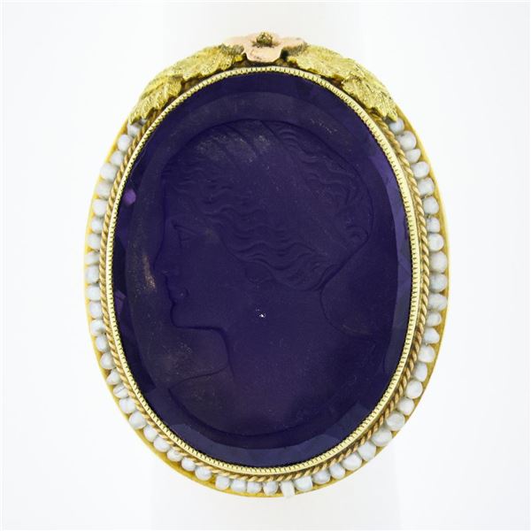 14k Gold Left Facing Amethyst Cameo Ring w/ Seed Pearl Filigree & Floral Frame