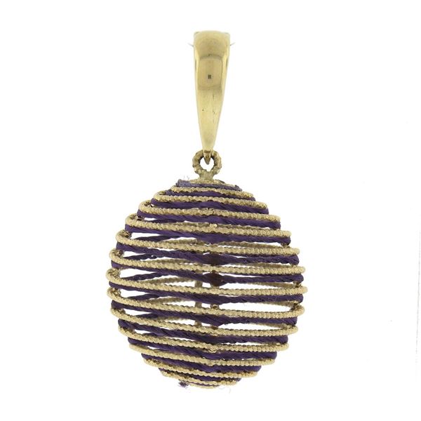 Milor 14k Gold Twisted Wire Coiled Ball Sphere Enhancer Pendant w/ Purple String