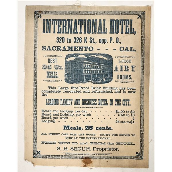 International Hotel Sacramento Advertising Broadside on Cloth, c.1880s [197579]