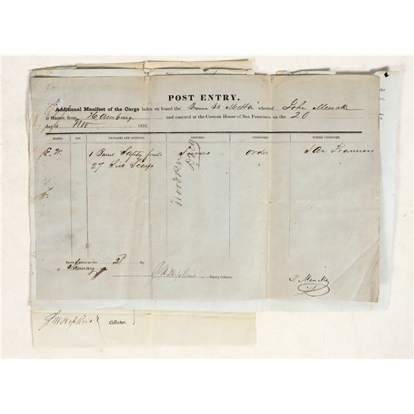 San Francisco Gold Rush-Era Shipping Manifest for Wines & Spirits, Hamburg [197785]