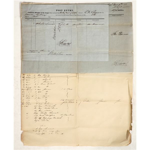 San Francisco Gold Rush-Era Shipping Manifest for Wines & Spirits, Sydney [197792]